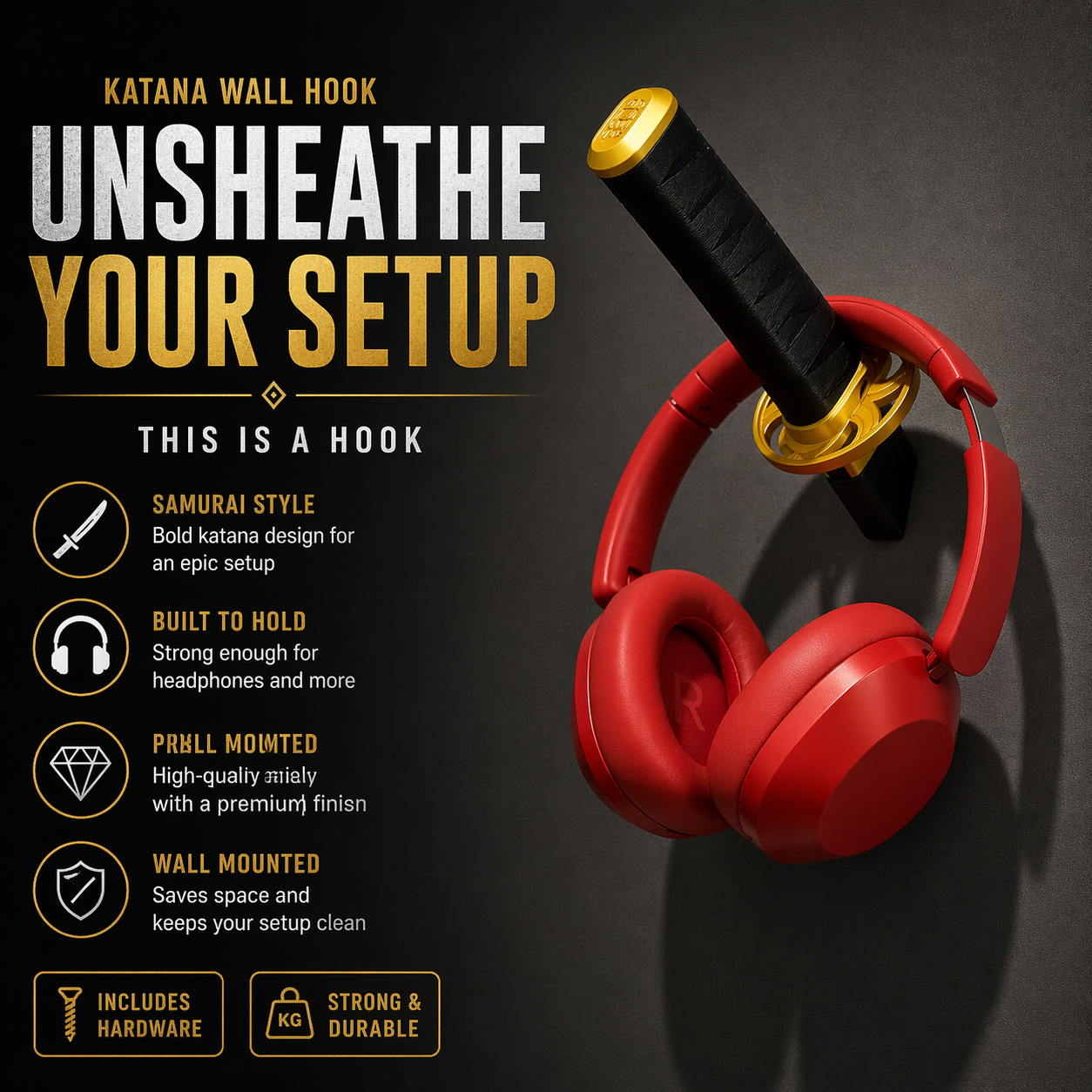 Katana Headphone Wall Mount Hook – Samurai Style Gaming Headset Holder (Premium 3D Printed Design)