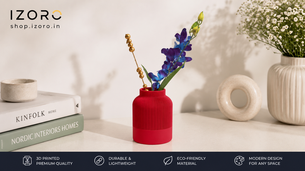 Modern Ribbed 3D Printed Vase – Matte Red Decorative Flower Pot